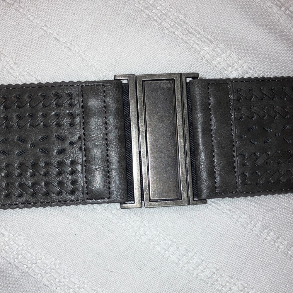 Dark Chocolate Belt with Stretch Back, Ornate‎ Faux Leather Front,  Metal Buckle